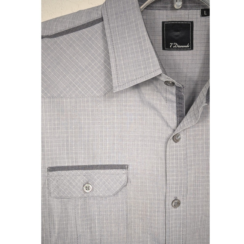 7 Diamonds Button Down Shirt Mens L Gray Motivation Fit Grid Design